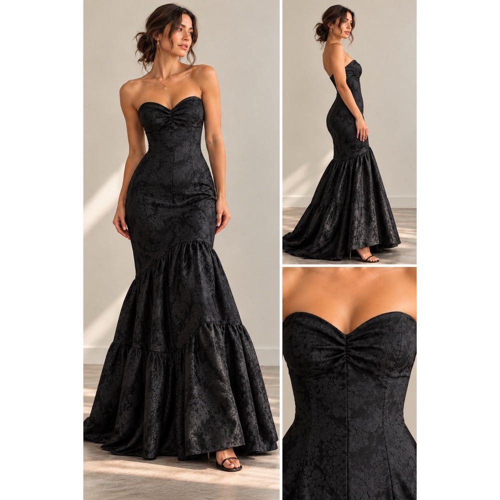 Jessica McClintock Vtg Black Floral Jacquard Strapless Mermaid Gown Dress Sz 4